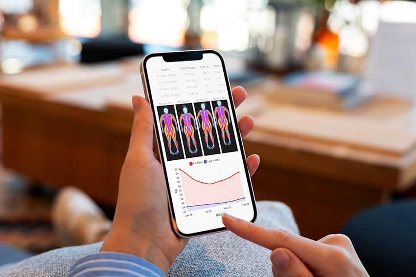 DEXA body composition comparison report on a mobile