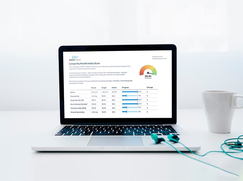 BodyCompPro reporting platform shown on a laptop